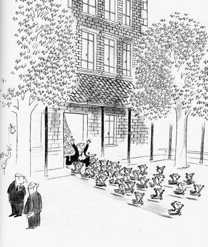 Dessin de Sempé : des enfants sortent joyeusement en courant de l'école à la sonnerie, un enseignant les suit en faisant de même. Deux autres enseignants présents dans la cour le regardent étonnés